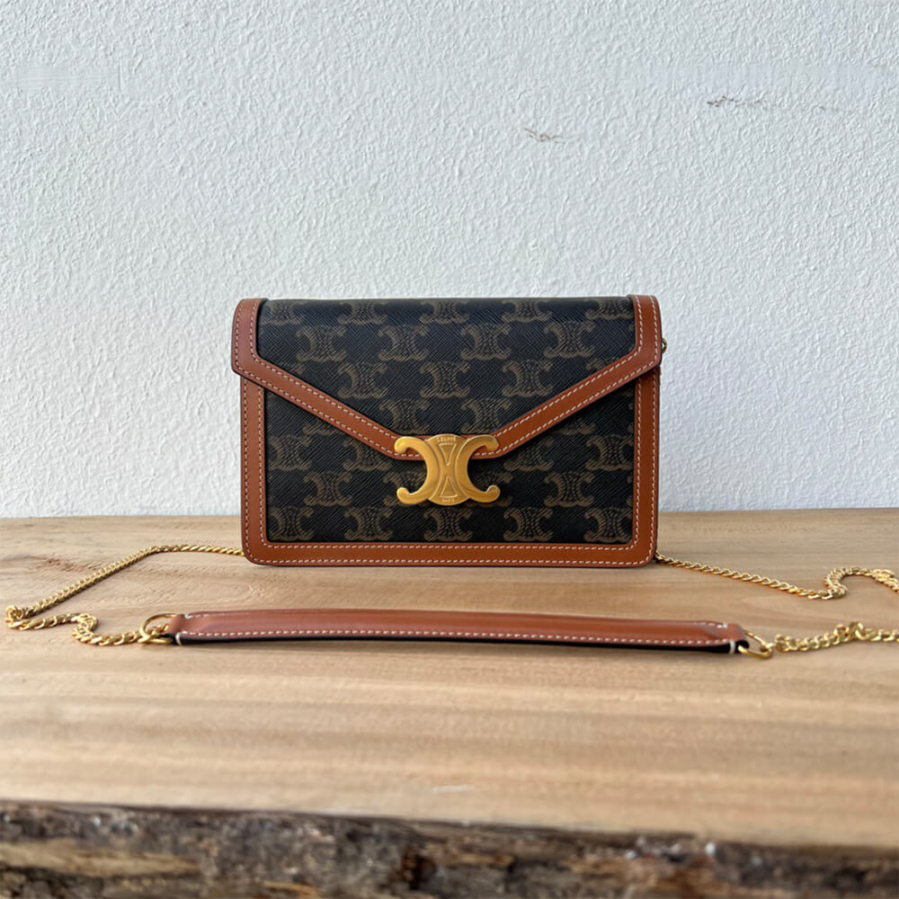 CELINE WALLET ON CHAIN MARGO in TRIOMPHE CANVAS and calfskin(High-end Grade)